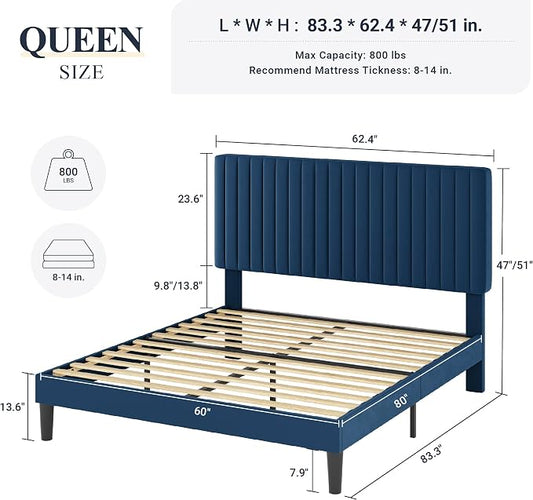 Allewie Queen Bed Frame, Velvet Upholstered Platform Bed with Adjustable Vertical Channel Tufted Headboard, Mattress Foundation with Strong Wooden Slats, Box Spring Optional, Easy Assembly, Navy Blue