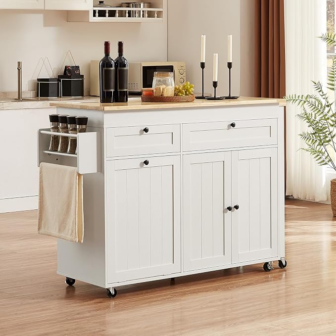 ONBRILL Kitchen Islands with Extendable Dining Table, 81.7" Mobile Kitchen Storage Islands, Rolling Kitchen Cart with Trash Cabinet, Power Outlet, Spice Rack & Towel Rack, White