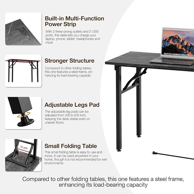 TEMI Small Computer Desk Folding Table - No Assembly, Compact 43.3" Foldable Desk with Power Outlets & USB Charging Port, Portable Small Office Desk, Ideal Mini Study Table, Marble Greige