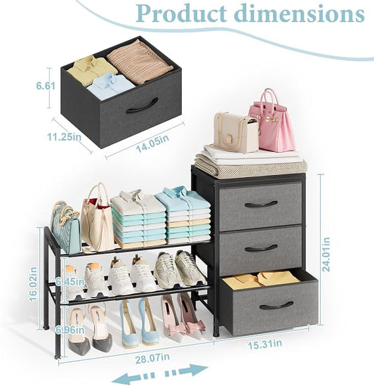 Cidaziya Expandable Closet Organizers and Storage, Black Fabric Storage Dresser, 3 Drawer Dresser, Clothes Shelves for Kids, Purse Organizer Small Shoe Rack for Closet Bedroom(31.29~43.42 in)