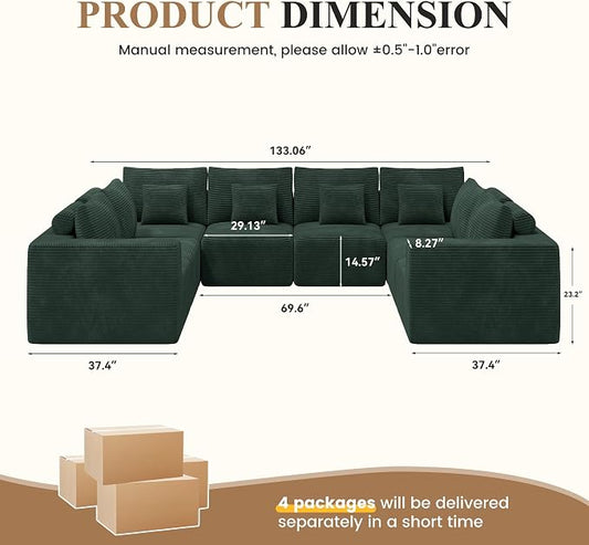 Modern U Shaped Modular Sectional Sofa, Convertible Oversized Cloud Couches for Living Room, Comfy 8 Seater Corduroy Boneless Couch Sofa Set, No Assembly Required, Beige 1 PCS