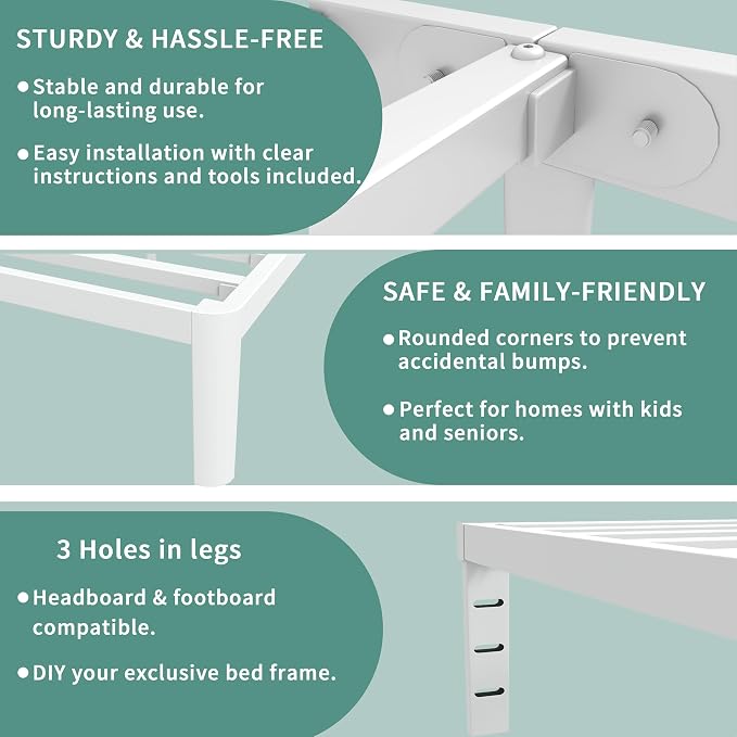 ITIMIDI 12 Inch White Twin Bed Frames, Metal Twin Size Platform Bed Frame with Round Corner Legs, Heavy Duty Steel Support 3500 LBS, Storage Space, No Box Spring Needed, Noise Free, Easy Assembly