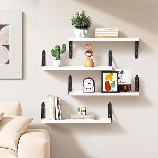 ROMGUAR CRAFT Wood Floating Shelves Set of 4, Rustic Storage Decor Wall Shelves, Wall Mounted Shelf for Living Room, Bedroom 17" x 6", White