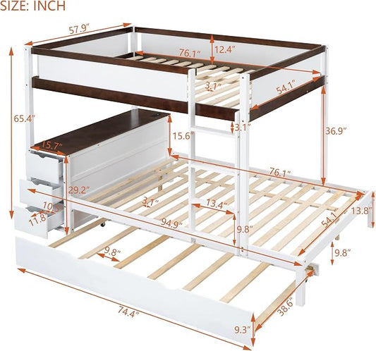 Harper & Bright Designs Full Over Full Bunk Bed Twin Size Trundle, Wood Full Bunk Bed with USB Ports, Storage and Desk, White+Walnut