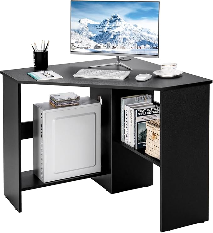 Tangkula Corner Desk, 90 Degrees Triangle Computer Desk for Small Space, Bedroom Corner Makeup Vanity Desk with Storage Shelves & CPU Stand