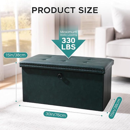 oakvivo Folding Storage Ottoman Bench, Leather Foot Rest Stools with Rivet Design, 15" D x 30" W x 15" H, Ottoman with Storage End of Bed Bench Footstool for Living Room Bedroom, Load 330 lb, Green