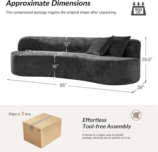 95" Modern Curved Compressed Sofa, All-Foam 3-Seater Cloud Couch with 2 Pillows, No Assembly Required Boneless Sofas for Living Room, Charcoal
