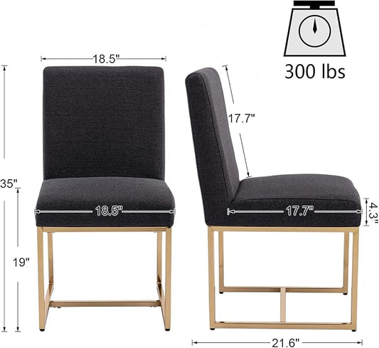 HNY Modern Dining Chairs Set of 4, Upholstered Linen Dining Room Chairs with Ergonomic Back & Polished Gold Metal Frame for Home, Kitchen, Apartment, Charcoal Black