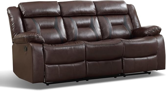 EBELLO Faux Leather Manual Reclining Sofa, 3 Seat Recliner Sofa Chair, Couch Furniture for Living Room, Furniture, Meeting Room, Dark Brown (3 Seat Sofa)