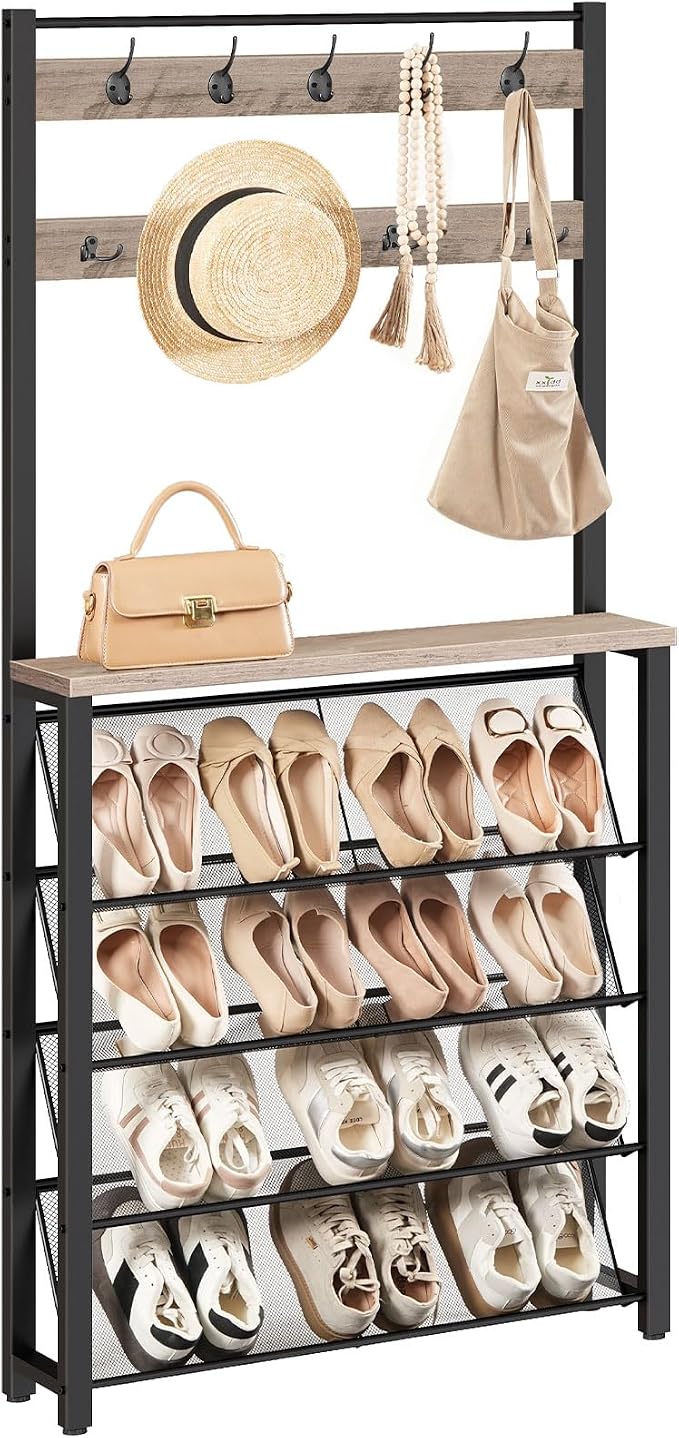 HOOBRO Hall Tree with Bench, Narrow Shoe Rack with Coat Rack, Coat Rack with Shoe Storage, 5 Tier Slanted Shoe Storage Organizer, Coat and Shoe Rack Entryway, Slim Hall Tree, Greige BG20MT01
