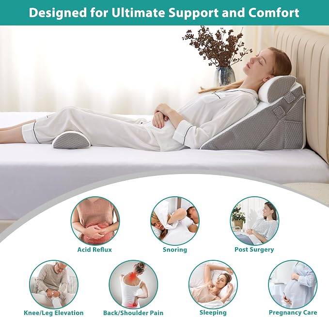 Adjustable 4pcs Bed Wedge Pillow Set, Memory Foam Wedge Pillows Post Surgery for Back, Neck, Leg Pain Relief, Pillow Wedge for Sleeping, Sitting up in Bed, Acid Reflux and GERD, White/Grey