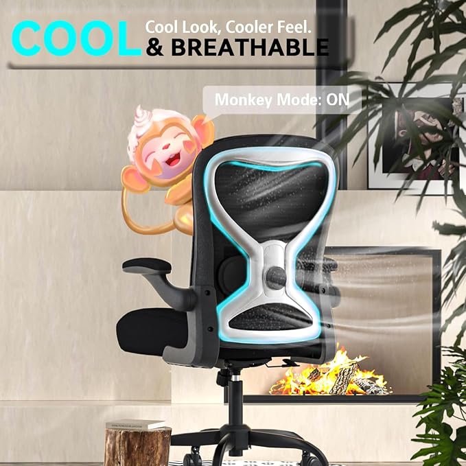 Ergonomic Home Office Chair – 4-Way Lumbar Support, 3.54" Extra-Thick Seat Cushion, Breathable Mesh Back, Flip-Up Arms, Swivel Computer Desk Chair for All-Day Sitting, 330LBS