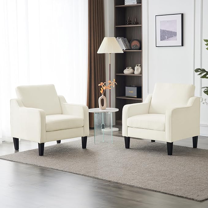 VINGLI Accent Chairs Set of 2 White Chenille Living Room Chairs Reading Chair for Bedroom Scooped Arm Chair Mid Century Modern Accent Chair Upholstered Comfy Chair for Apartment, Waiting Room
