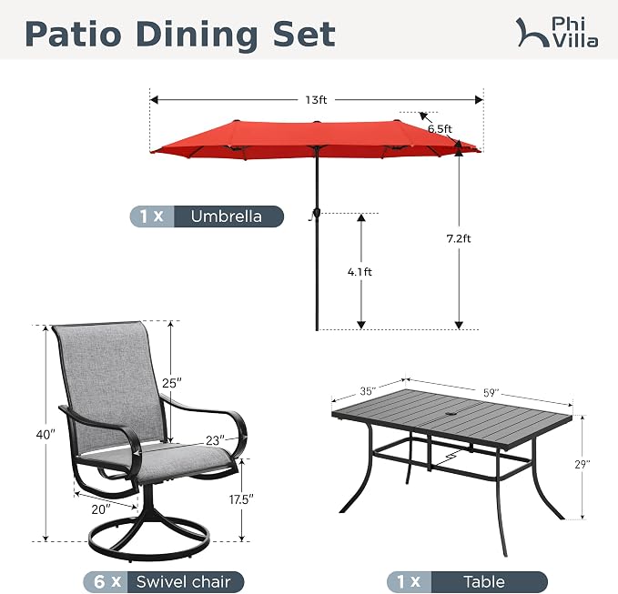 PHI VILLA 8 Piece Patio Dining Set with 13ft Patio Umbrella (Orange Red), 6 Outdoor Swivel Dining Chairs & 1 Large Metal Dining Table for Deck Lawn Garden (No Umbrella Base)