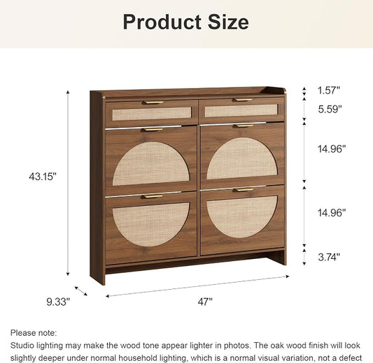 Rattan Shoe Storage Cabinet with 4 Flip Drawers & 2 Drawers, Freestanding Organizer for Front Door Entrance, Hidden Narrow Shoe Rack Cabinet Storage for Entryway, Walnut