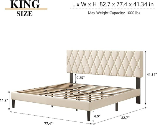 CXVX King Size Bed Frame with Diamond Tufted Headboard, Velvet Upholstered Platform Bed and Wooden Slat Support, Noise-Free, No Box Spring Needed, Easy Assembly, Beige