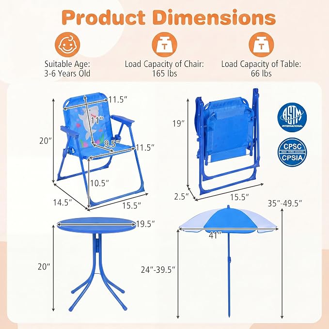HONEY JOY Kids Picnic Table, Animal Themed Toddler Outdoor Table and Chair Set, 2 Folding Chairs & Removable Umbrella, Children Outdoor Furniture for Backyard Patio Garden (Blue Shark)