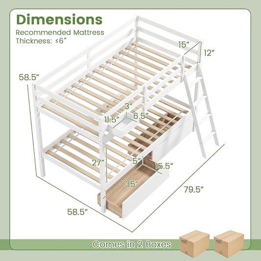 KOMFOTT Twin Over Twin Bunk Bed with 2 Roll-Out Drawers, Wood Bunk Bed Frame with Removable Storage Box, Bunk Bed with Ladder & Safety Guardrail for Dorm Apartment Home, No Box Spring Needed (White)