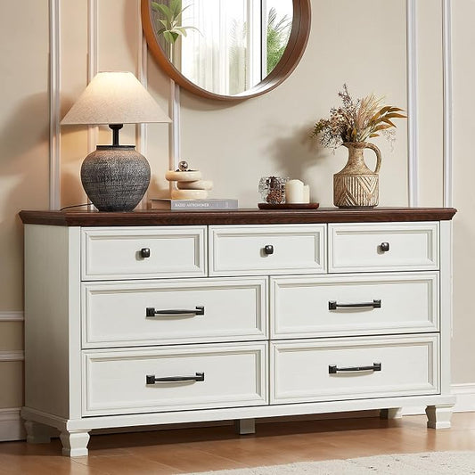 SAVOR LIFE Farmhouse Dresser and Nightstand Sets 2 Piece, 7 Drawer Dresser & 2 Drawer Nightstand Set, Rustic Wood Bedroom Furniture Set for Home, Bedroom, Hallway, White
