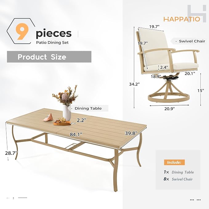 HAPPATIO Aluminum 9 Piece Patio Dining Set, Outdoor Swivel Dining Chairs and Dining Table, Aluminum Outdoor Dining Set for 8, Patio Dining Furniture with Washable Cushions (Beige)