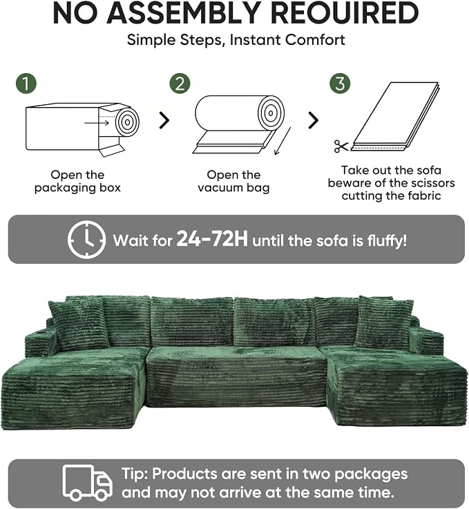 Boneless Couch, 127" Sofas for Living Room, U Shaped Couch with Chaise | Sectional Sofa, Cloud Couch Sectional with Cup Holders and Storage, Cloud Sofa with Deep Seat, Green, Corduroy, No Assembly