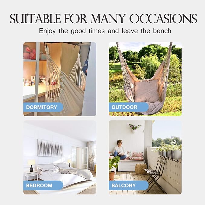 Hommtina Hammock Chair Hanging Rope Swing, Max 300 Lbs Hanging Chair with Pocket & Durability Perfect for Outdoor, Home, Bedroom, Patio, Yard (Pillows NOT Included,Colorful)