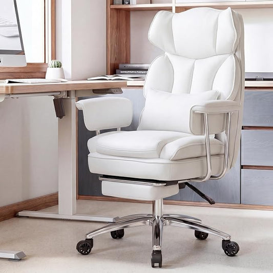 Sweetcrispy Executive Home Office Desk Chair - Ergonomic Big Tall High Back with Footrest & Lumbar Support, Reclining Height Adjustable, Comfy PU Leather Computer Gaming with Swivel Wheels, White