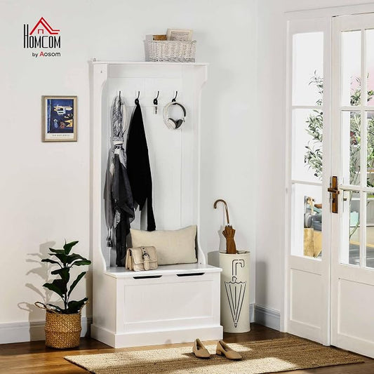 HOMCOM Hall Tree with Bench and Shoe Storage, 3-in-1 Entryway Bench with Coat Rack, 4 Hooks and Flip Top Storage Compartment, White