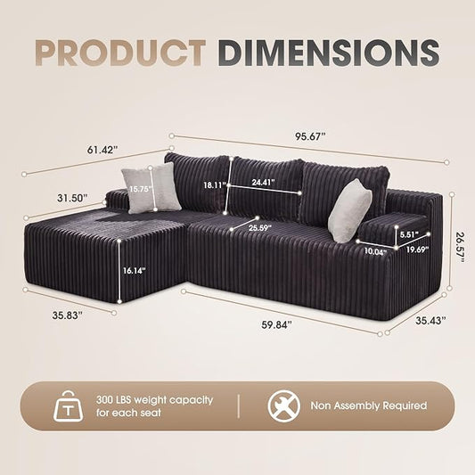 Hobestluk Boneless Couch Modular Sectional Sofa L-Shape Cloud Couch Lounge | 96" Left Facing Chaise Darkgrey,Memory Foam,Removable Cover,Non-slip Bottom,No Assemble Required,Furniture for Small Home