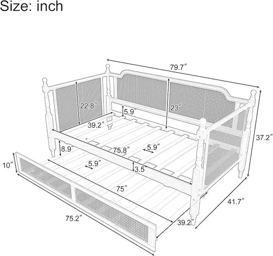 Merax Twin Size Rattan Bed Frame with Twin Size Trundle, Wood Bedframe Daybed for Bedroom, Guest Room, Limited Space, No Box Spring Needed, Antique White
