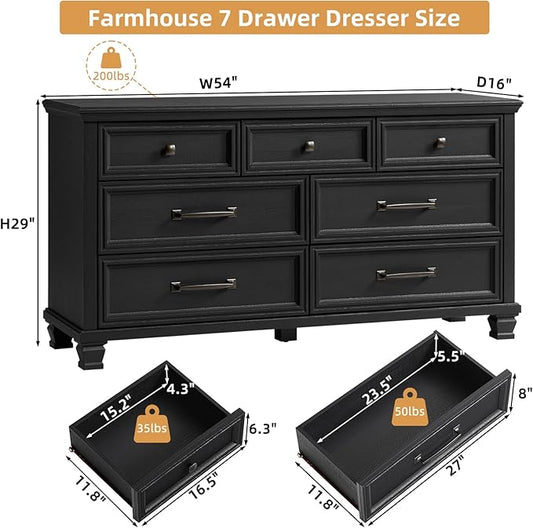 SAVOR LIFE Farmhouse 7 Drawer Dresser for Bedroom, 54” Wood Dresser for Closet, Large Rustic Wooden Dressers, Chest of Drawers for Bedroom, Hallway, Entryway, Black