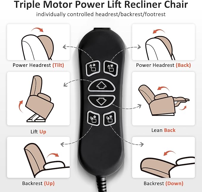 MCombo Big Man Power Lay Flat Lift Chair, Triple Motor Power Lift Recliner with Massage & Dual Heating, Adjustable Headrest, Fabric R7635 (Coffee, Large-Wide)