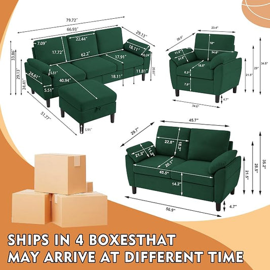 4 Piece Convertible Sectional Sofa Set, Modern Linen Small L Shaped Couch with Reversible Chaise, 3-Seater Sofa & Loveseat & Armchair for Living Room, Office, Apartment, Green