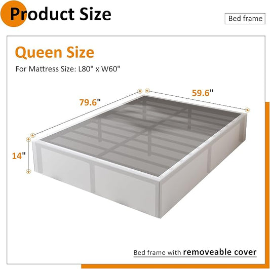 Maenizi Bed Frame Queen Size with White Fabric Cover 14 Inch, Heavy Duty Metal Queen Bed Frame, No Box Spring Needed, Support Up to 3000 lbs, Easy Assembly, Noise Free, Black