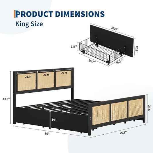 GarveeHome Black Rattan Bed Frame with Headboard, Boho Cane Platform King Size Bed Frame with 4 Drawers, Strong Metal Slats Support, Noise Free, No Box Spring Needed