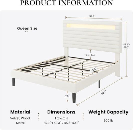 SHA CERLIN Queen Bed Frame with LED Light & 2-Tier Storage Shelf, Velvet Upholstered Adjustable Headboard with Charing Station, Horizontal Channel Tufted, No Box Spring Needed, Easy Assembly, White