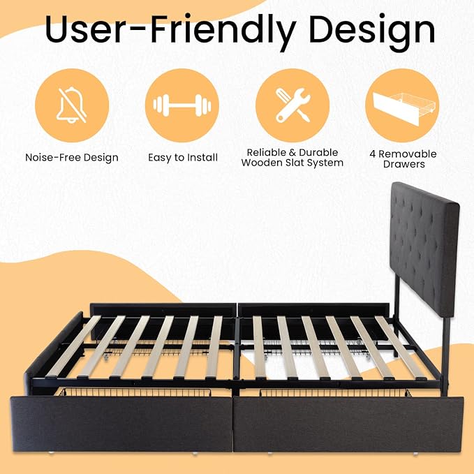 SHA CERLIN Upholstered Full Size Platform Bed Frame with 4 Storage Drawers, Adjustable Headboard with Diamond Stitched Button Tufted Design, Wooden Slat Support, No Box Spring Needed, Dark Grey