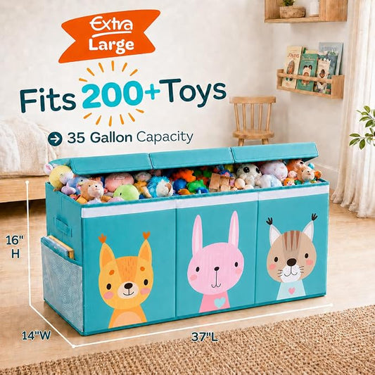 SoftOwl Extra Large Toy Storage Organizer with Lid - Sturdy, Collapsible Toy Chest Storage Box with Cute Design - Toys Bin with Dividers for Kids, Boys, Girls, Nursery, Bedroom, Play room 37"x16"x14"