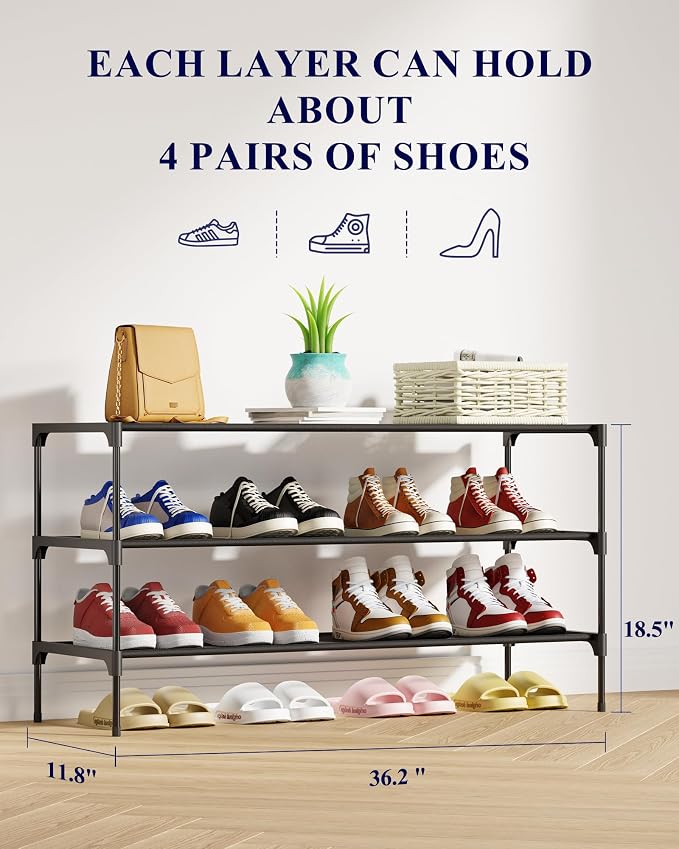 Kitsure Shoe Rack - Non-Woven Shoe Rack Shelf, Shoe Organizer for Closet, Entryway, Garage & Corridor, Stackable Shoe Shelves, 36.2" Wide - 3 Tier, Black