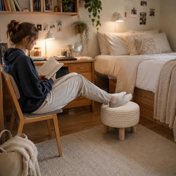 Wimarsbon Pouf Ottoman, 100% Cotton Knitted Boho Footstool, Round Footrest with Non-Skid Wood Legs, Home Décor Handmade Pouffe, Leisure Floor Step Stool for Living Room (Beige)