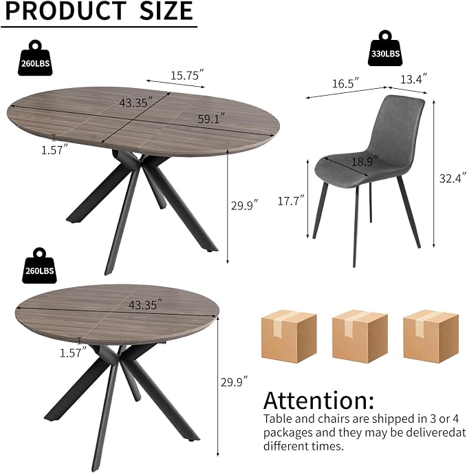 HIPIHOM 43.2"-59.1" Round Dining Kitchen Table with 4 PU Leather Chairs | Mid century modern oak MDF board, scratch resistant & easy clean, space saving, fits 4-6 person