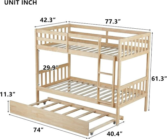 Harper & Bright Designs Convertible Wood Twin-Over-Twin Bunk Bed with Trundle and Ladder - Can Be Divided Into Two Platform Beds, White Oak