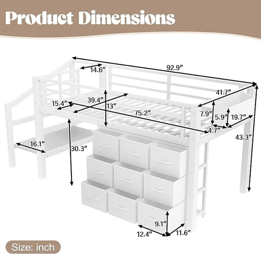 Bellemave Twin Size Low Loft Bed with 9 Fabric Storage Drawers for Kids,Metal Loft Bed Frame with Stairs and LED Lights for Boys Girls,Kids Loft Bed Twin Size,White