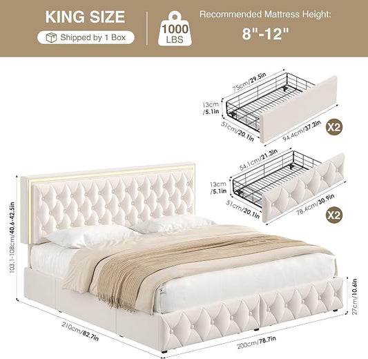 Keyluv King Size LED Bed Frame with 4 Storage Drawers and Adjustable Headboard, Velvet Upholstered Button Tufted Modern Platform Bed, Solid Wooden Slats Support, Easy Assembly, Beige