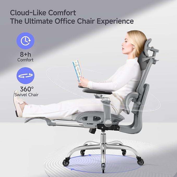 Office Chair with Footrest, Ergonomic Chair with 3D Headrest, Computer Chair with Adjustable Backrest & 6D Armrest, Gaming Chair with Adaptive Lumbar Support, Adjustable Seat Depth, Grey
