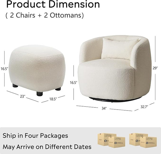KINWELL 34" Wide 2 Boucle Swivel Barrel Chairs and 2 Ottomans Set, Fully Assembled Sherpa Accent Chairs and Footrest Set, Modern Comfy Armchairs and Footstool for Living Room and Bedroom, Beige
