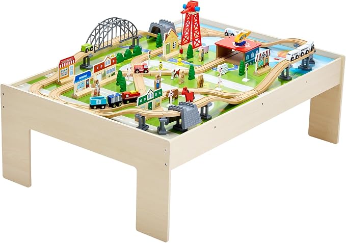 VEVOR Train Table, 120 Multicolor Pieces Wooden Kids Activity Table with Collapsible Storage Bin, 3-in-1 Wooden Train Set for Gaming, Drawing, Reading, Eating, Creative Toy Set for Kids Ages 3+