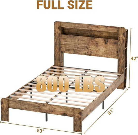 Zevemomo Full Size Bed Frame with Headboard, Full Size Bed Frame with Charging Station, Built in LED Light Strip, Noiseless, No Box Spring Needed, Rustic Brown(Rectangular Slot)