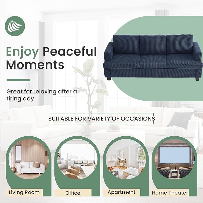 YOUDENOVA 2 Piece Set Comfy Sofa Couch, 3-Seater Sofa * 2 with Deep Seats, Modern Sleeper Couch for Living Room, Blue Corduroy