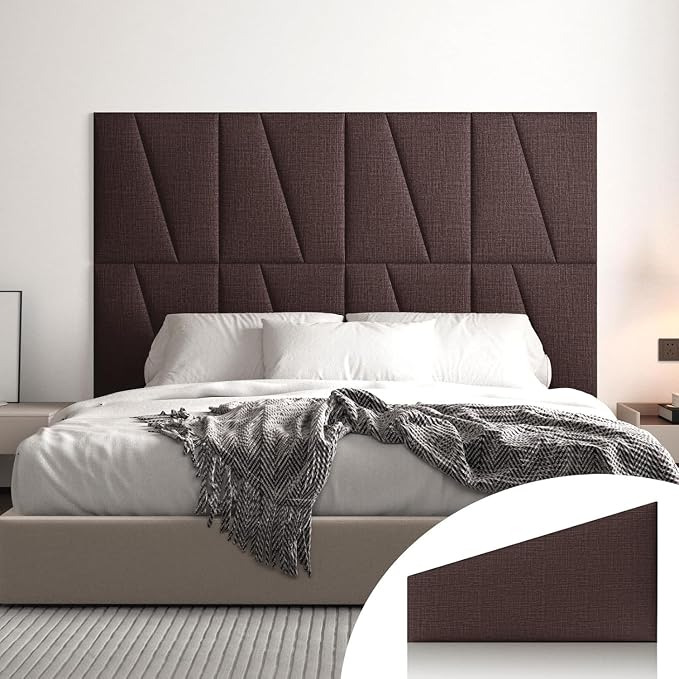 Peel and Stick Headboard Panels for Bed,Soft Padded Fabric Noise-Reducing Panels with Modern Stylish Design for Bedroom Decor (Coffee Brown, Queen)